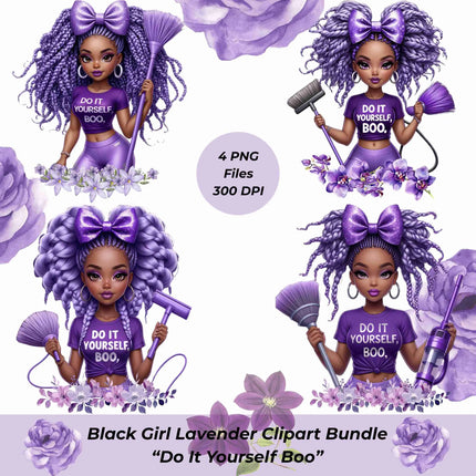 Do It Yourself Boo PNG Bundle – 4 Black Girl Lavender Clipart Files Digital File Style-Junction Custom Designs & Prints