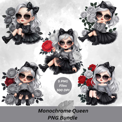 Monochrome Queen PNG Bundle – 5 Grayscale Fashion Clipart Files Digital File Style-Junction Custom Designs & Prints