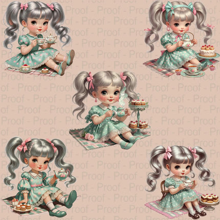 Tea Party Girl PNG Bundle – 5 Vintage Pastel Doll Clipart Files Digital File Style-Junction Custom Designs & Prints