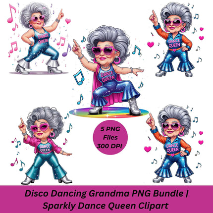 Disco Dancing Grandma PNG – 5 Sparkly High-Res Clipart Files Digital File Style-Junction Custom Designs & Prints