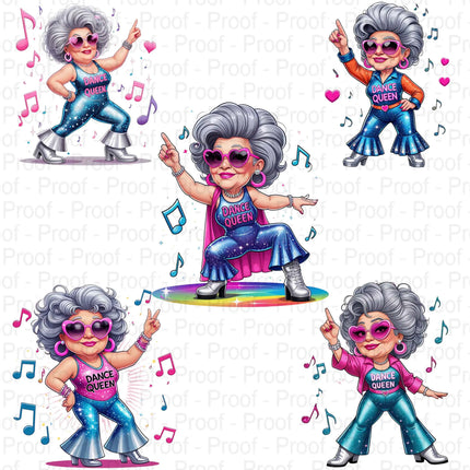 Disco Dancing Grandma PNG – 5 Sparkly High-Res Clipart Files Digital File Style-Junction Custom Designs & Prints