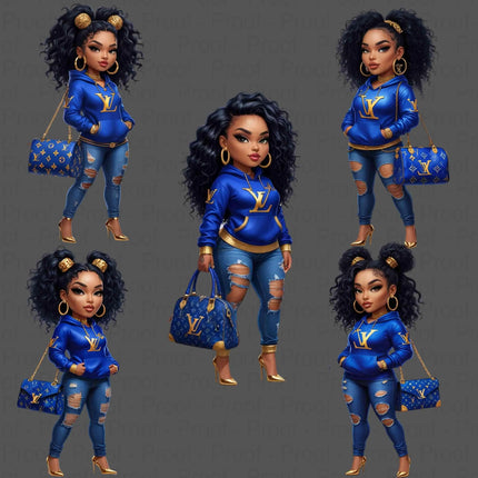 Royal Blue Fashion Girl PNG – High-Res Clipart for Sublimation Digital File Style-Junction Custom Designs & Prints