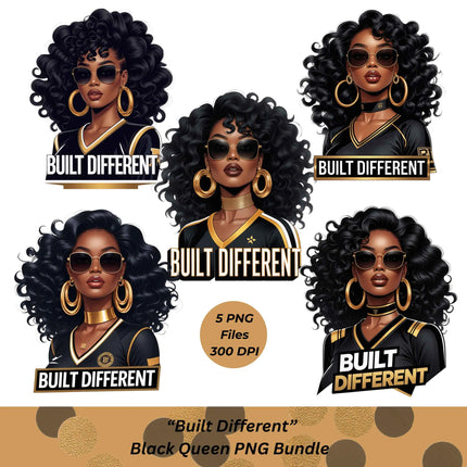 Built Different PNG Bundle – 5 Black Queen Clipart Files Digital File Style-Junction Custom Designs & Prints