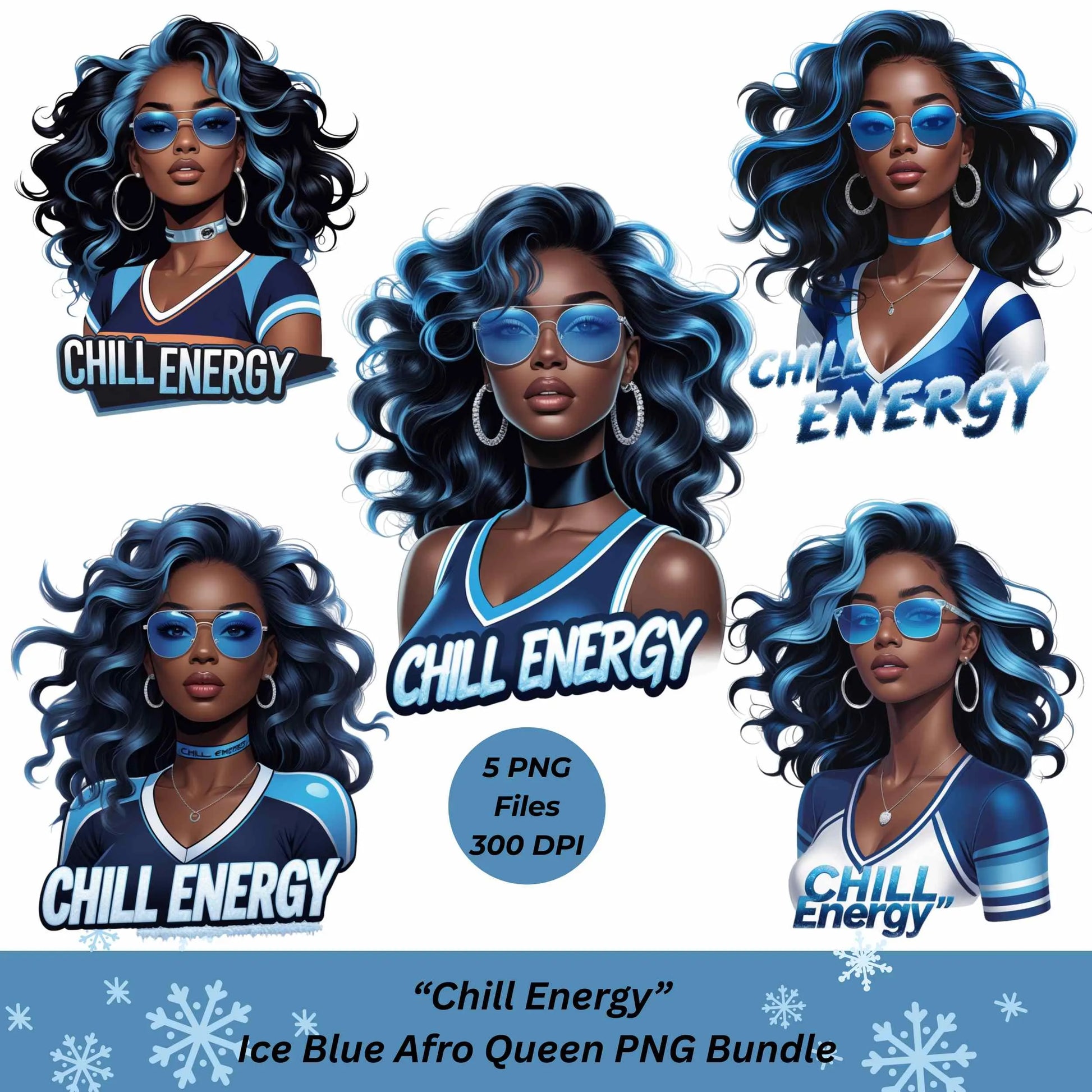 Chill Energy Ice Blue Afro Queen PNG Bundle | 5 High-Res Transparent Sublimation Clipart Files for T-Shirts, Hoodies, Mugs & More Digital File Style-Junction Custom Designs & Prints