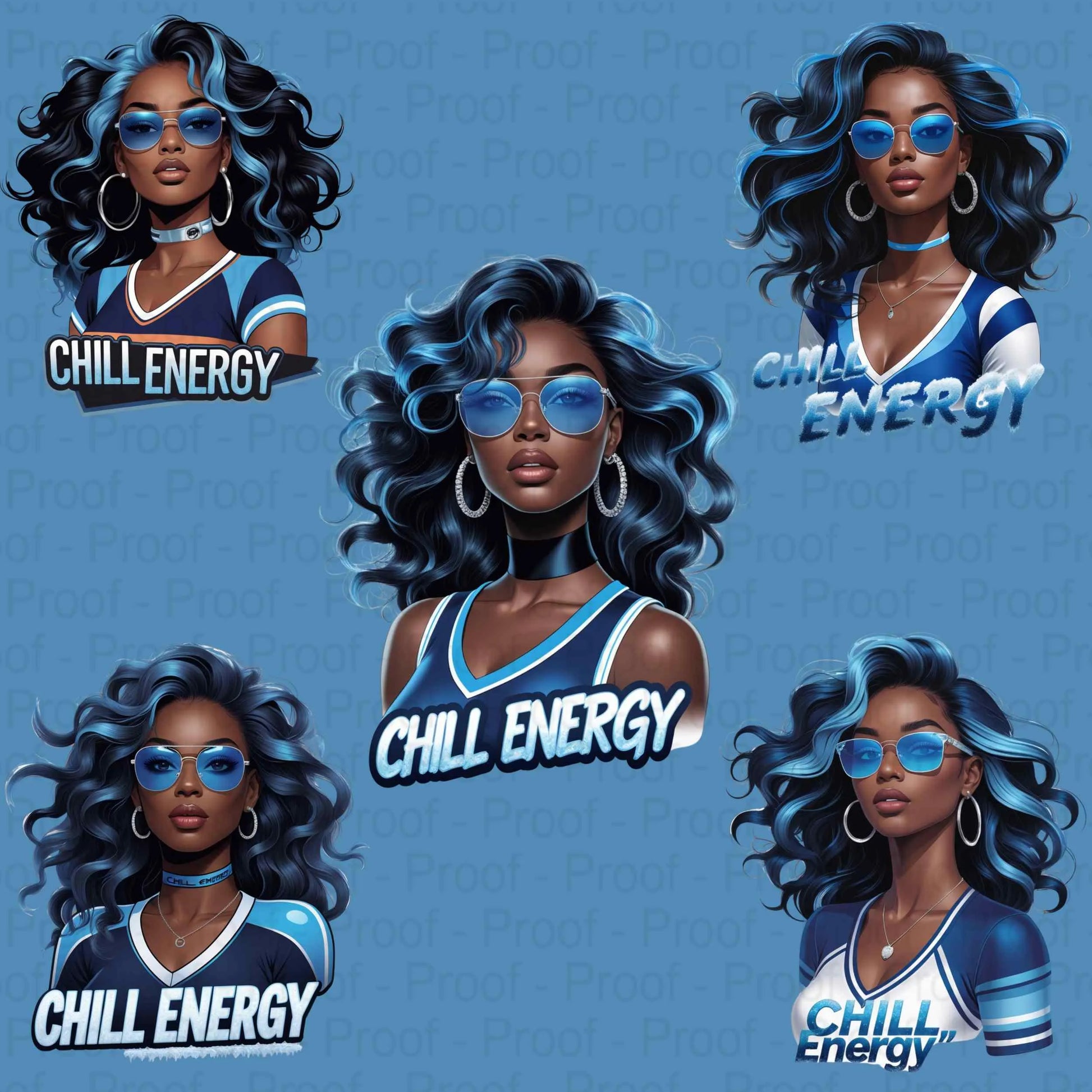 Chill Energy Ice Blue Afro Queen PNG Bundle | 5 High-Res Transparent Sublimation Clipart Files for T-Shirts, Hoodies, Mugs & More Digital File Style-Junction Custom Designs & Prints