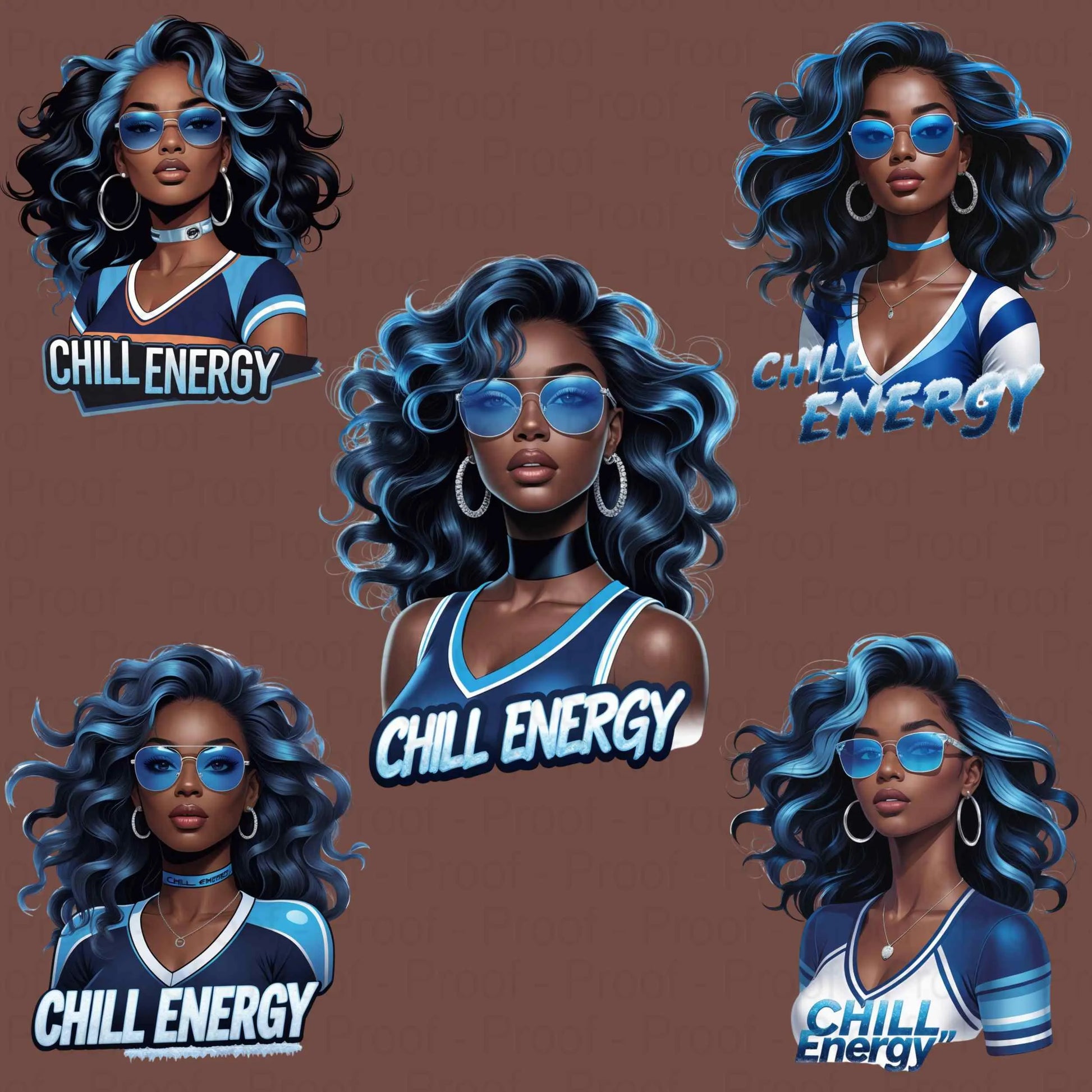 Chill Energy Ice Blue Afro Queen PNG Bundle | 5 High-Res Transparent Sublimation Clipart Files for T-Shirts, Hoodies, Mugs & More Digital File Style-Junction Custom Designs & Prints