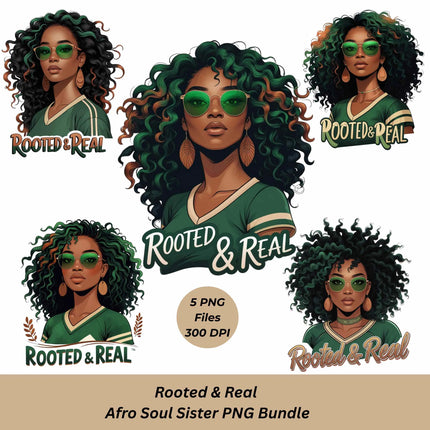 Rooted & Real PNG – 5 Afro Soul Sister Clipart Files for Sublimation Digital File Style-Junction Custom Designs & Prints