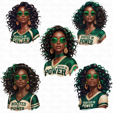 Rooted in Power PNG – 5 Afro Woman Clipart in Emerald & Beige Digital File Style-Junction Custom Designs & Prints