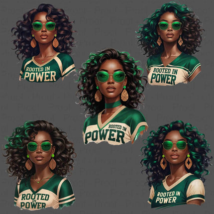 Rooted in Power PNG – 5 Afro Woman Clipart in Emerald & Beige Digital File Style-Junction Custom Designs & Prints