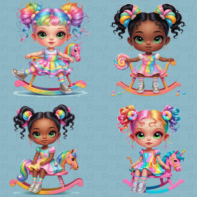 Rainbow Rocking Horse Girls Clipart Bundle | 8 High-Res Transparent PNGs for Sublimation, T-Shirts, Mugs, Tote Bags, and Stickers Etsy