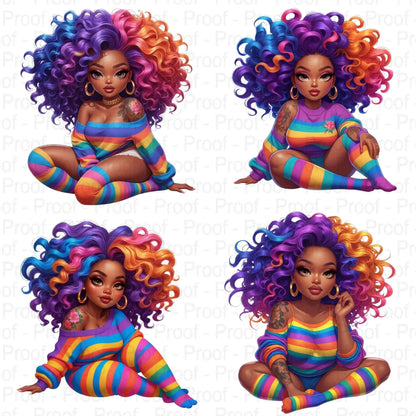 Rainbow Curls & Curves PNG Bundle | 8 Bold Black Women Clipart for Sublimation – High-Res Transparent Files for Shirts, Mugs More Digital File Style-Junction Custom Designs & Prints