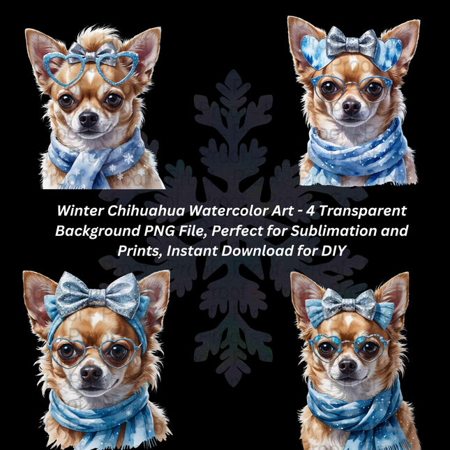 Winter Chihuahua Watercolor Art - 4 Transparent Background PNG Files Digital File Style Junction – Custom Digital Designs & Apparel