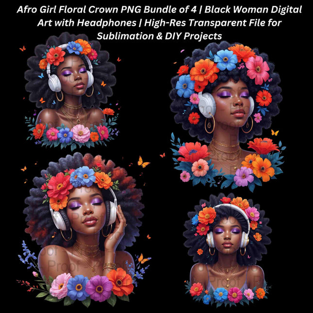 Afro Girl Floral Crown PNG Bundle of 4 | Black Woman Digital Art Digital File Style Junction – Custom Digital Designs & Apparel