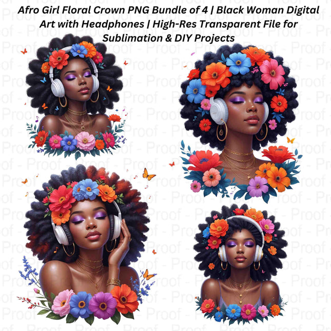 Afro Girl Floral Crown PNG Bundle of 4 | Black Woman Digital Art Digital File Style Junction – Custom Digital Designs & Apparel