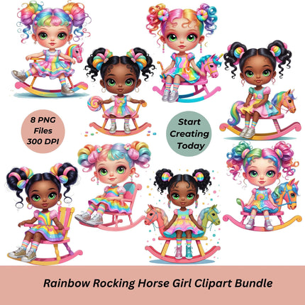 Rainbow Rocking Horse Girls Clipart Bundle | 8 High-Res Transparent PNGs for Sublimation, T-Shirts, Mugs, Tote Bags, and Stickers Etsy