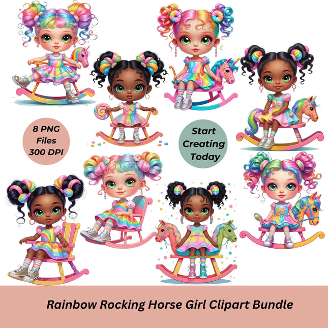 Rainbow Rocking Horse Girls Clipart Bundle | 8 High-Res Transparent PNGs for Sublimation, T-Shirts, Mugs, Tote Bags, and Stickers Etsy