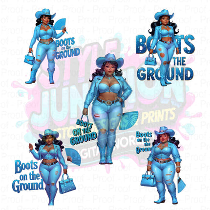 Light Blue Curvy Cowgirl Clipart “Boots on the Ground” PNG set by Style Junction Custom Digital Designs, exclusive creative artwork.