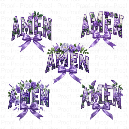 Purple AMEN PNG Bundle – 5 Floral Faith Varsity Word Art Designs Digital File Style-Junction Custom Designs & Prints