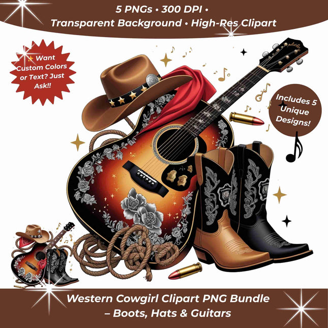 Western Cowgirl Guitar PNG Bundle of 5 High-Res Clipart Files Digital File Style Junction – Custom Digital Designs & Apparel