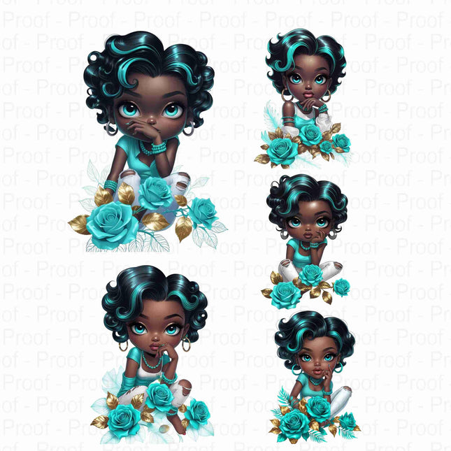 Stylish Black Girl Clipart Bundle of 5 with Turquoise Hair & Roses Digital File Style Junction – Custom Digital Designs & Apparel