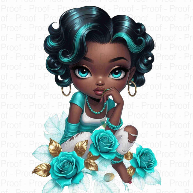 Stylish Black Girl Clipart Bundle of 5 with Turquoise Hair & Roses Digital File Style Junction – Custom Digital Designs & Apparel