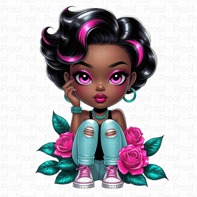 Curly Black Girl Clipart with Pink Highlights & Roses Bundle of 5 Digital File Style Junction – Custom Digital Designs & Apparel