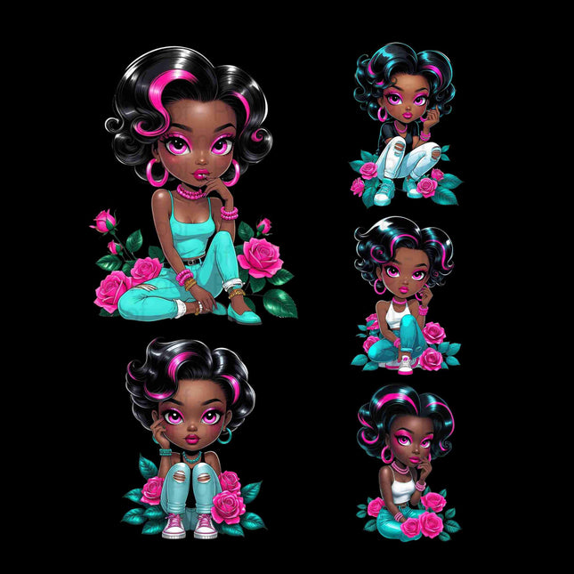 Curly Black Girl Clipart with Pink Highlights & Roses Bundle of 5 Digital File Style Junction – Custom Digital Designs & Apparel