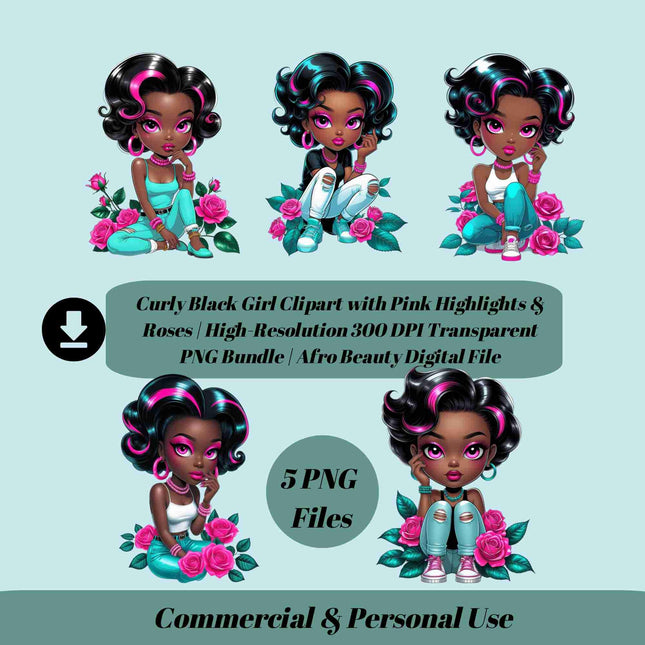 Curly Black Girl Clipart with Pink Highlights & Roses Bundle of 5 Digital File Style Junction – Custom Digital Designs & Apparel