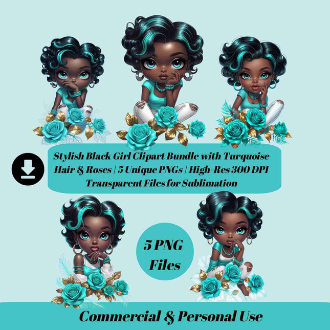 Stylish Black Girl Clipart Bundle of 5 with Turquoise Hair & Roses Digital File Style Junction – Custom Digital Designs & Apparel