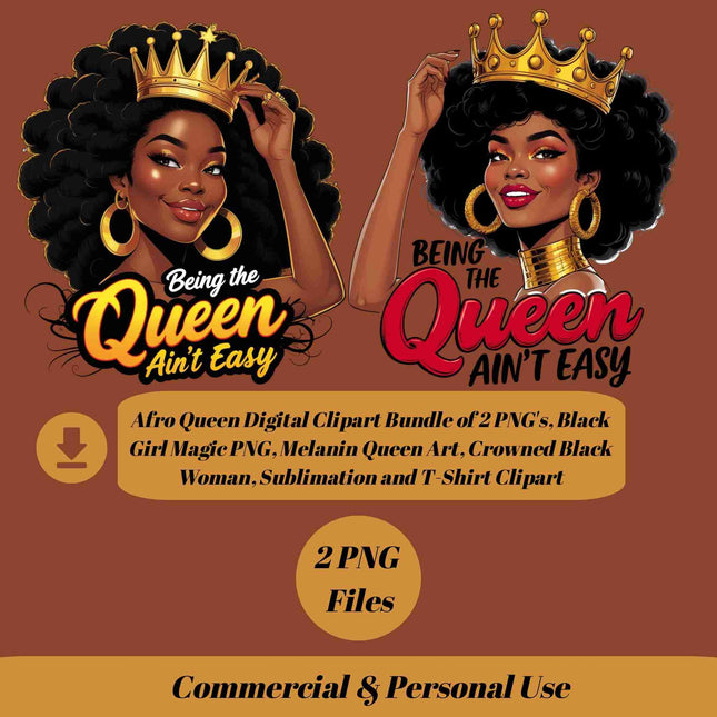 Afro Queen Digital Clipart Bundle of 2 PNG's, Black Girl Magic Digital File Style Junction – Custom Digital Designs & Apparel