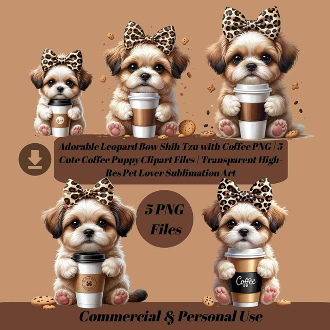 Leopard Bow Shih Tzu Coffee PNGs | Cute Puppy Clipart Bundle of 5 Digital File Style Junction – Custom Digital Designs & Apparel
