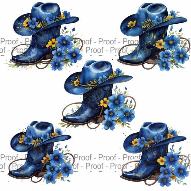 Floral Blue Cowgirl Hat & Boots PNG Bundle of 5 High-Res Western Digital File Style Junction – Custom Digital Designs & Apparel