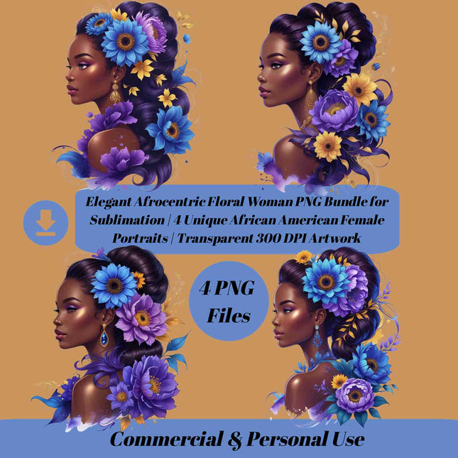 Elegant Afrocentric Floral Woman PNG Bundle of 4 Digital File Style Junction – Custom Digital Designs & Apparel