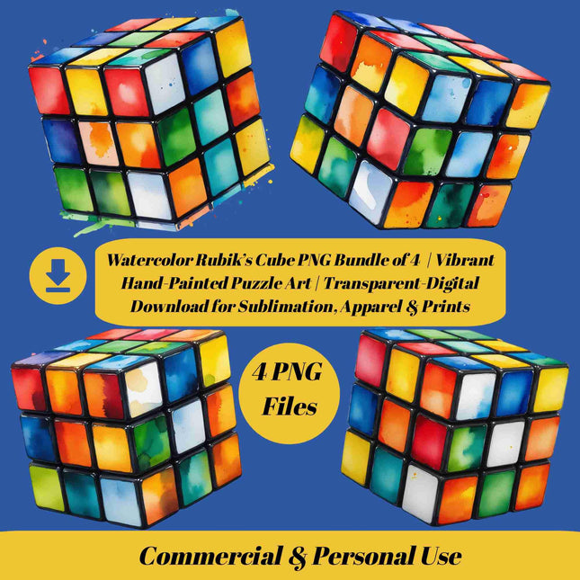 Watercolor Rubiks Cube PNG Bundle of 4 Vibrant Hand-Puzzle Digital File Style Junction – Custom Digital Designs & Apparel
