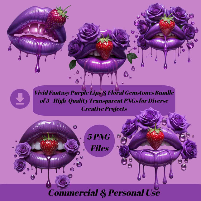 Vivid Fantasy Purple Lips & Floral Gemstones Bundle of 5 Digital File Style Junction – Custom Digital Designs & Apparel