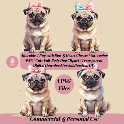 Pug with Bows & Heart Glasses PNG – 4 Adorable Dog Clipart Files Digital File Style-Junction Custom Designs & Prints