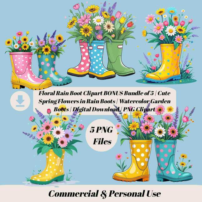 Floral Rain Boot Clipart PNG Bundle of 5 Cute Spring Flowers Digital File Style Junction – Custom Digital Designs & Apparel