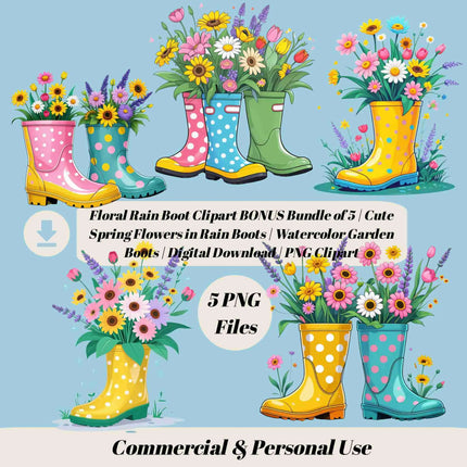 Floral Rain Boot PNGs – 5 Watercolor Spring Garden Clipart Files Digital File Style-Junction Custom Designs & Prints