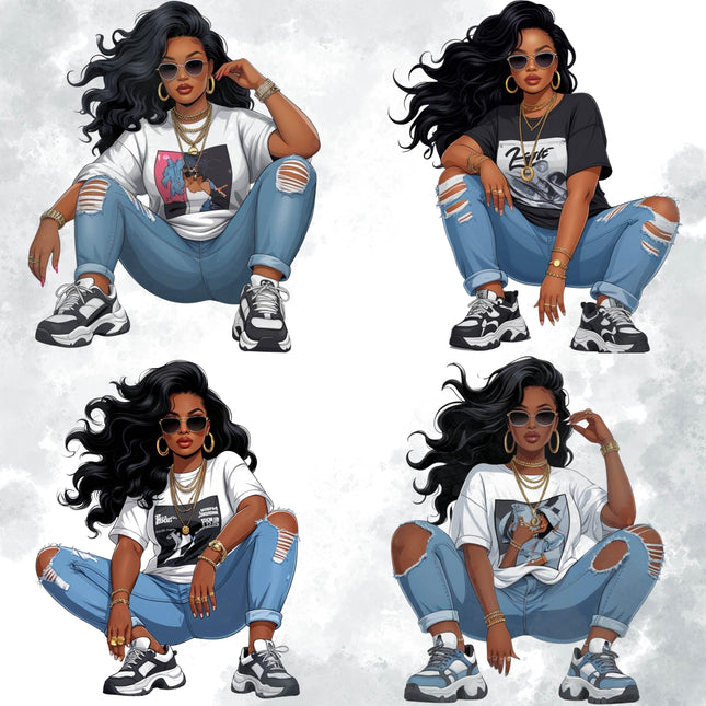Curvy Black Woman Clipart Bundle | 10 Fashionable Streetwear PNGs Digital File Style Junction – Custom Digital Designs & Apparel