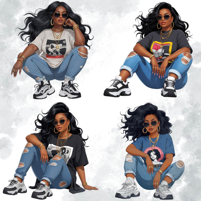 Curvy Black Woman Clipart Bundle | 10 Fashionable Streetwear PNGs Digital File Style Junction – Custom Digital Designs & Apparel