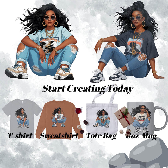 Curvy Black Woman Clipart Bundle | 10 Fashionable Streetwear PNGs Digital File Style Junction – Custom Digital Designs & Apparel