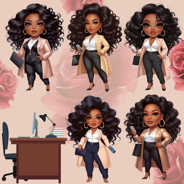 Curvy Black Boss Lady Clipart Bundle of 5 Confident Business Woman Digital File Style Junction – Custom Digital Designs & Apparel
