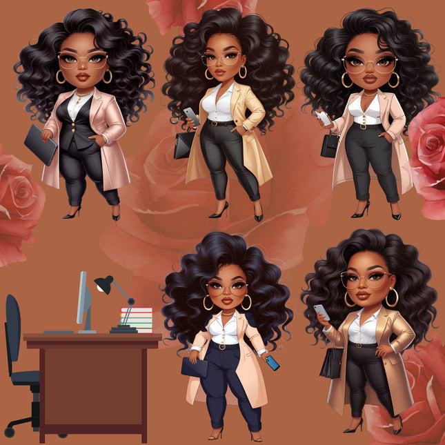 Curvy Black Boss Lady Clipart Bundle of 5 Confident Business Woman Digital File Style Junction – Custom Digital Designs & Apparel