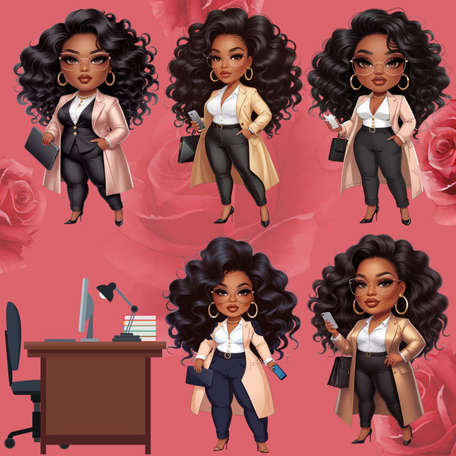 Curvy Black Boss Lady Clipart Bundle of 5 Confident Business Woman Digital File Style Junction – Custom Digital Designs & Apparel
