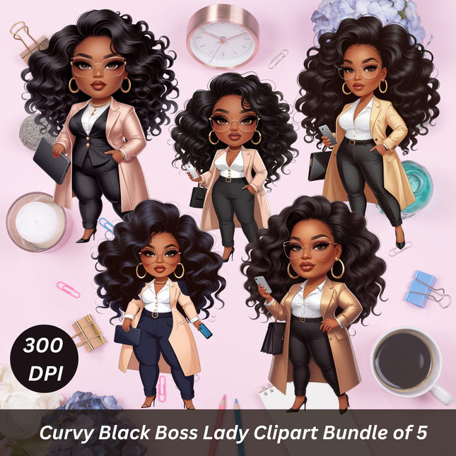 Curvy Black Boss Lady Clipart Bundle of 5 Confident Business Woman Digital File Style Junction – Custom Digital Designs & Apparel