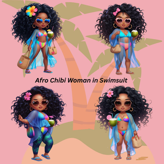 Curvy Afro Chibi Black Beach Girl Clipart Bundle of 12 PNG Files Digital File Style Junction – Custom Digital Designs & Apparel
