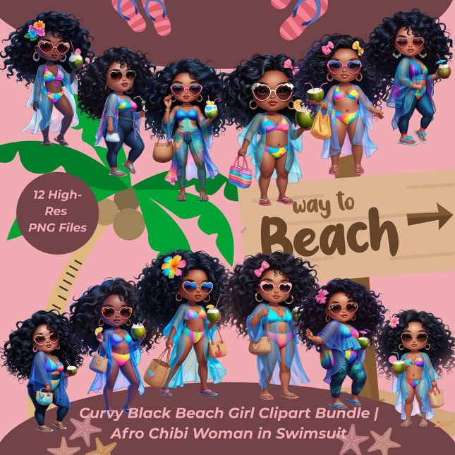 Curvy Afro Chibi Black Beach Girl Clipart Bundle of 12 PNG Files Digital File Style Junction – Custom Digital Designs & Apparel