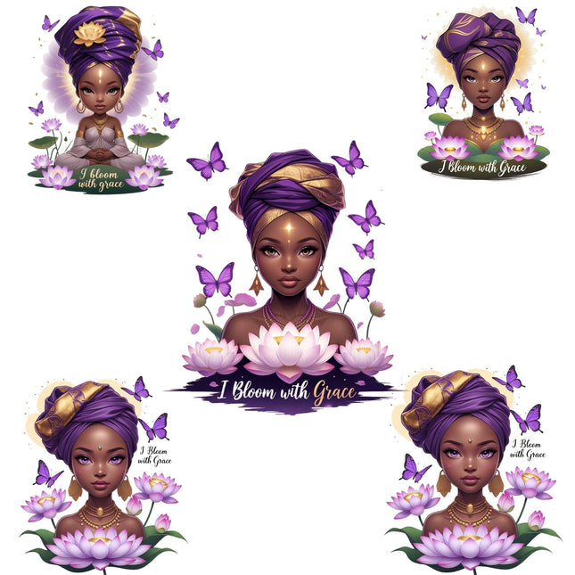 I Bloom with Grace Purple Lotus African Woman PNG Bundle of 5 Digital File Style Junction – Custom Digital Designs & Apparel