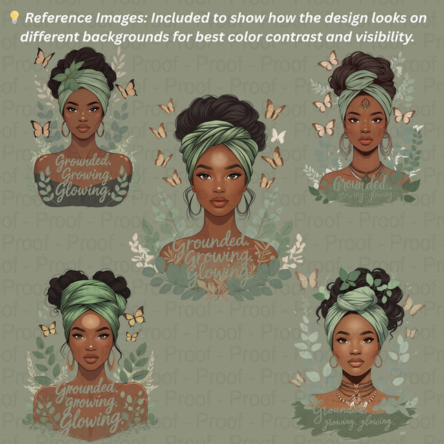 Boho Queen PNG Bundle of 5 High-Res “Grounded. Growing. Glowing Digital File Style Junction – Custom Digital Designs & Apparel