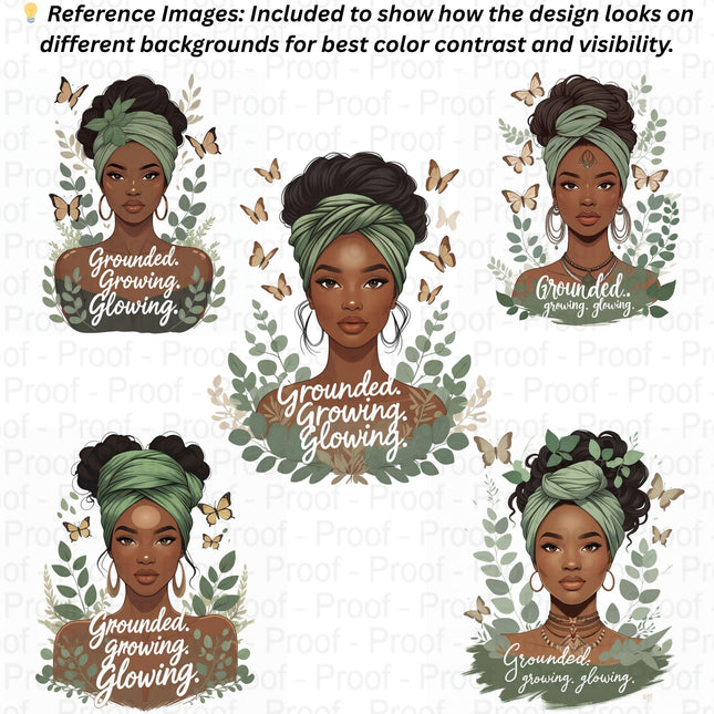 Boho Queen PNG Bundle of 5 High-Res “Grounded. Growing. Glowing Digital File Style Junction – Custom Digital Designs & Apparel